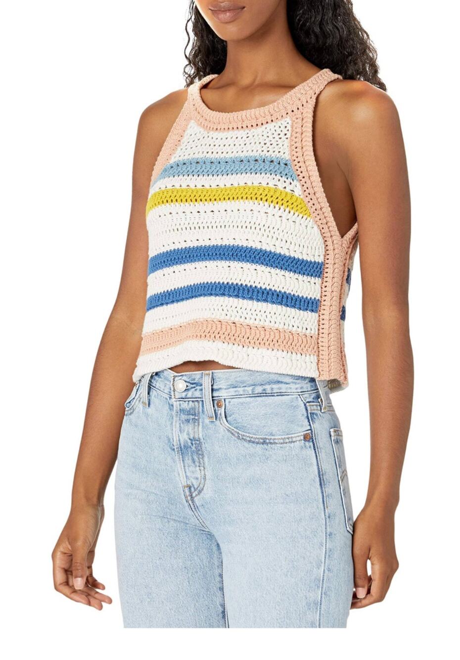 BCBGeneration Crochet  Striped High Neck Sleeveless Cropped Knit Top  - L